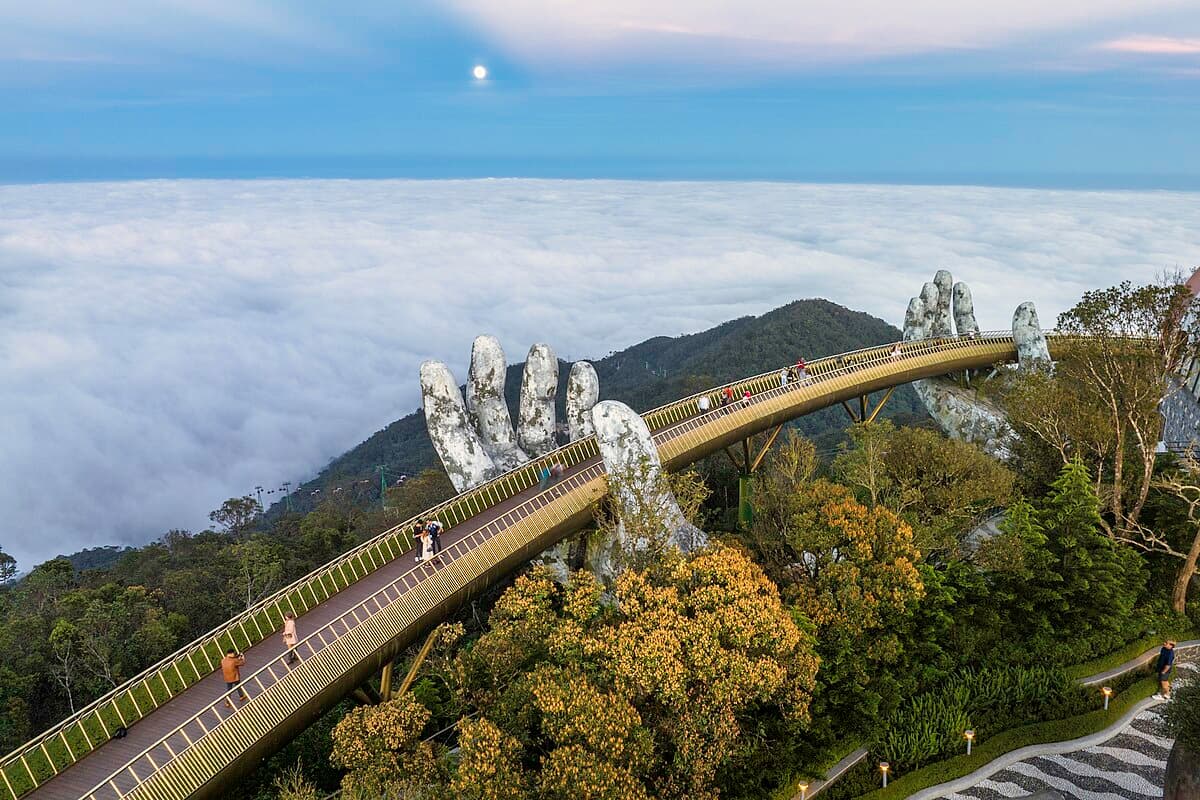 The Golden Bridge with giant stone hands in Ba Na Hills