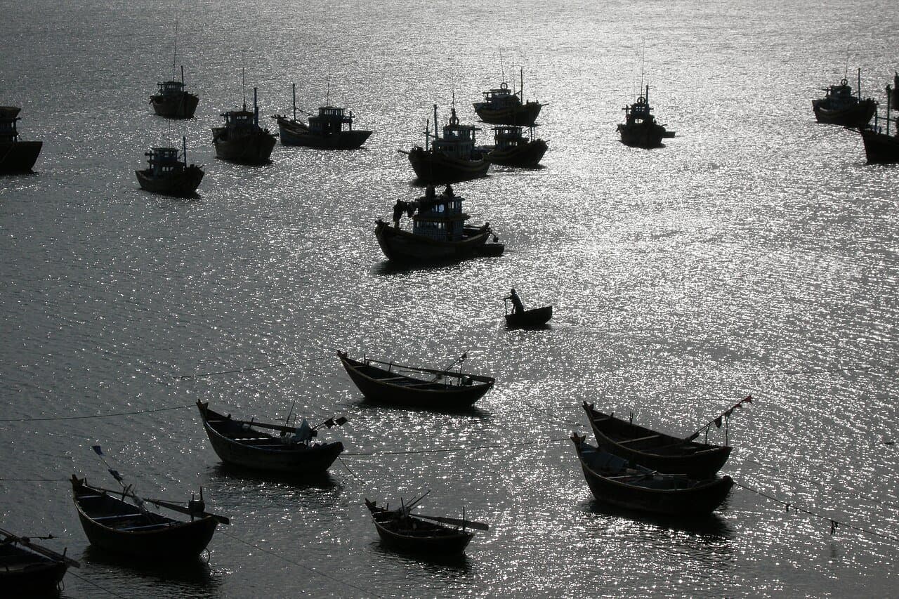 Fishing boats in Mui Ne harbor — central-coast couples' beach territory