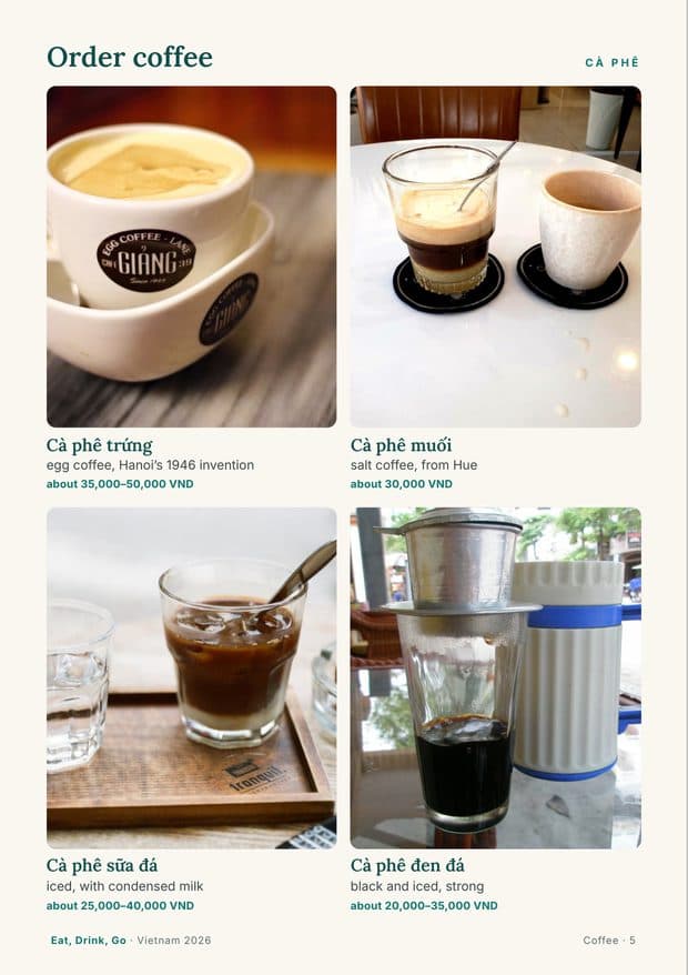 The Order coffee page: four coffee orders in Vietnamese, with a photo of each and what it costs