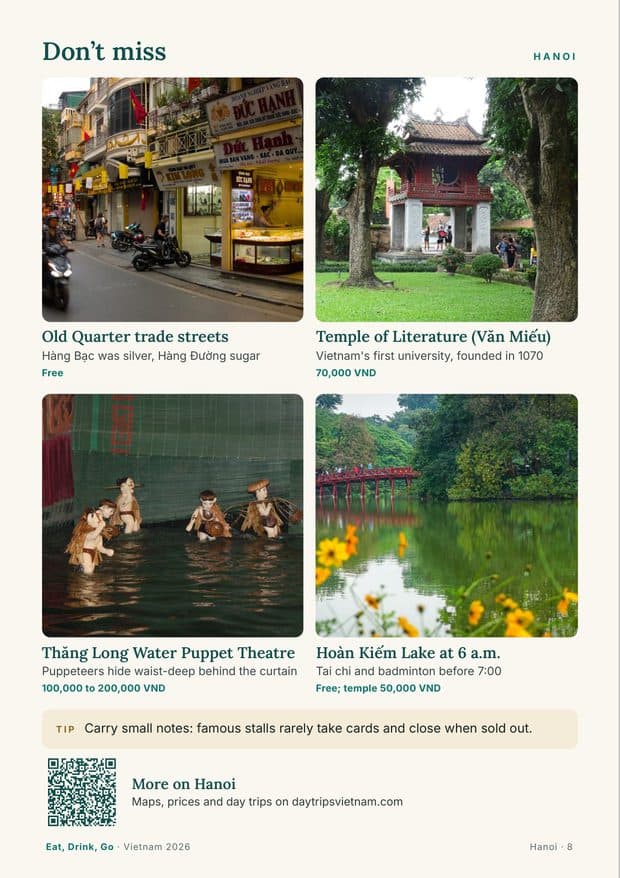 The Hanoi Don’t miss page: four things to do, each with a photo and the cost, plus a local tip