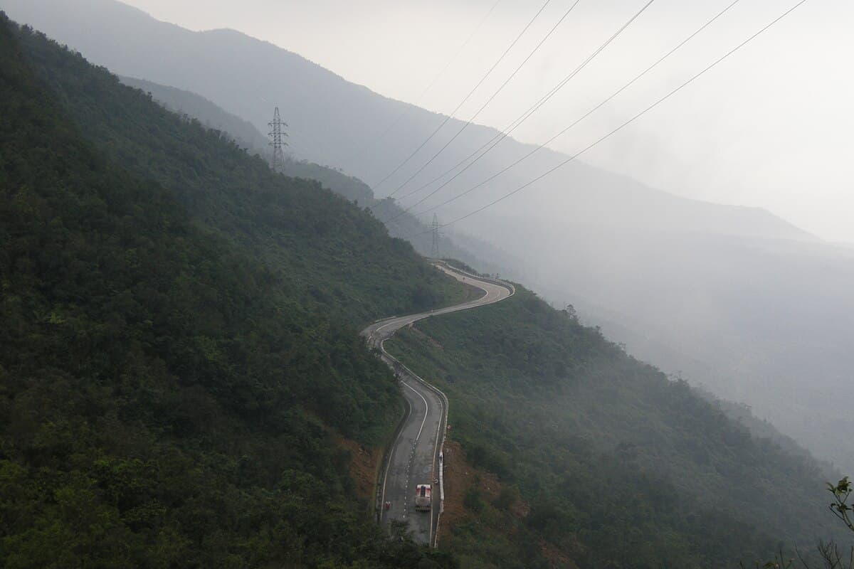 The Hai Van Pass road winding along the coast between Hue and Da Nang