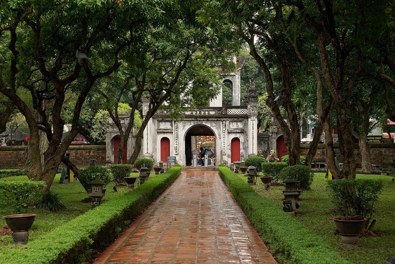 Temple of Literature gate in Hanoi — central to the Old Quarter hostel scene