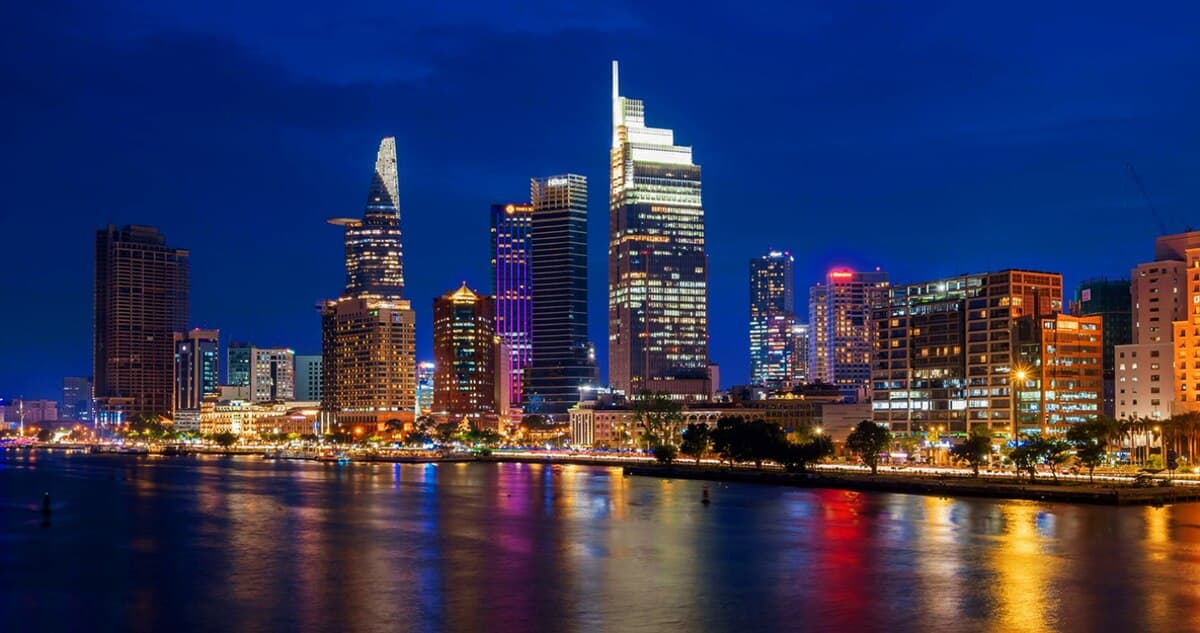 Saigon skyline with Bitexco tower at dusk