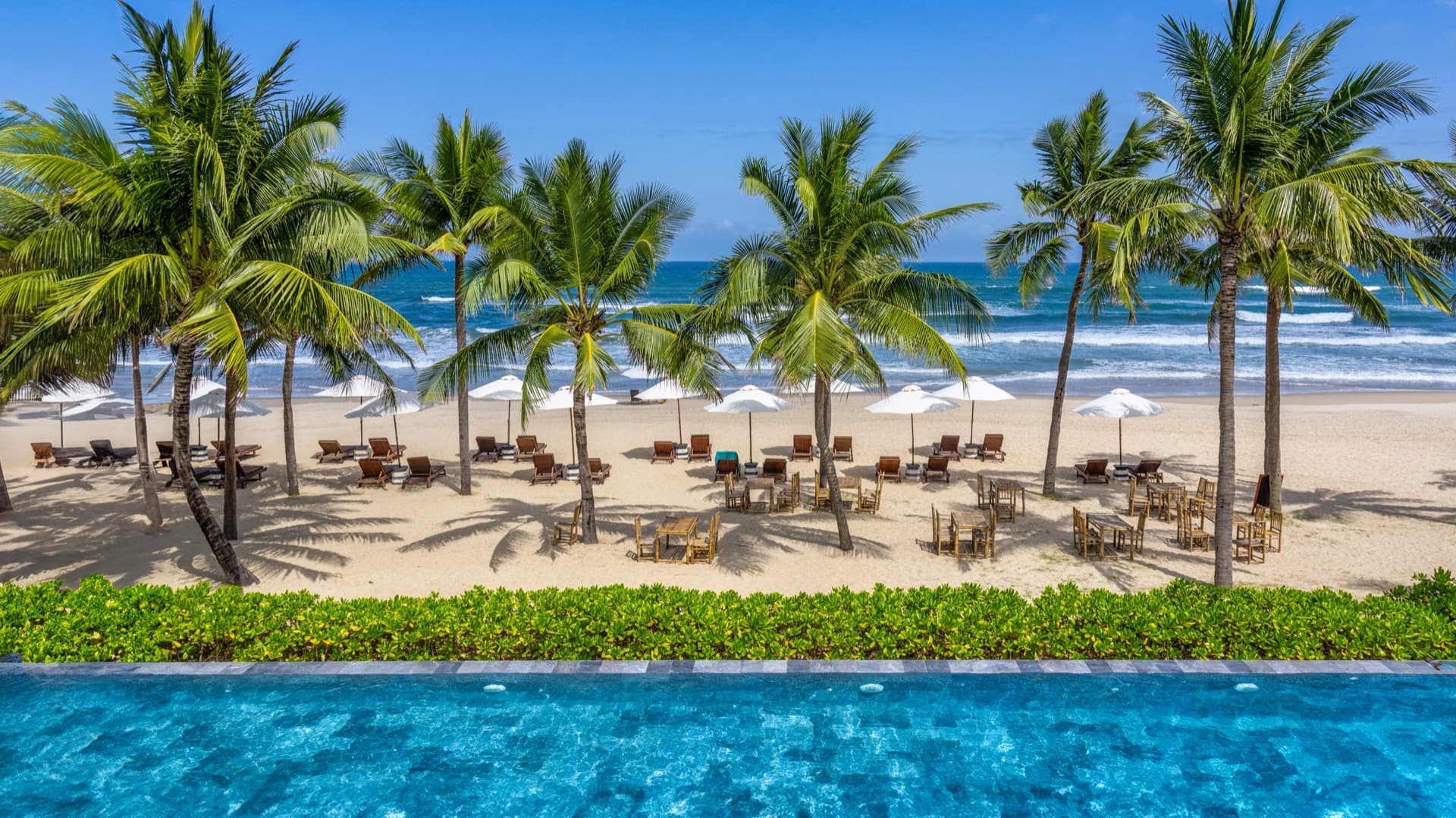 Coconut palms, white sun umbrellas and rows of empty loungers on My Khe beach in Da Nang, seen across a resort infinity pool with the East Sea breaking beyond