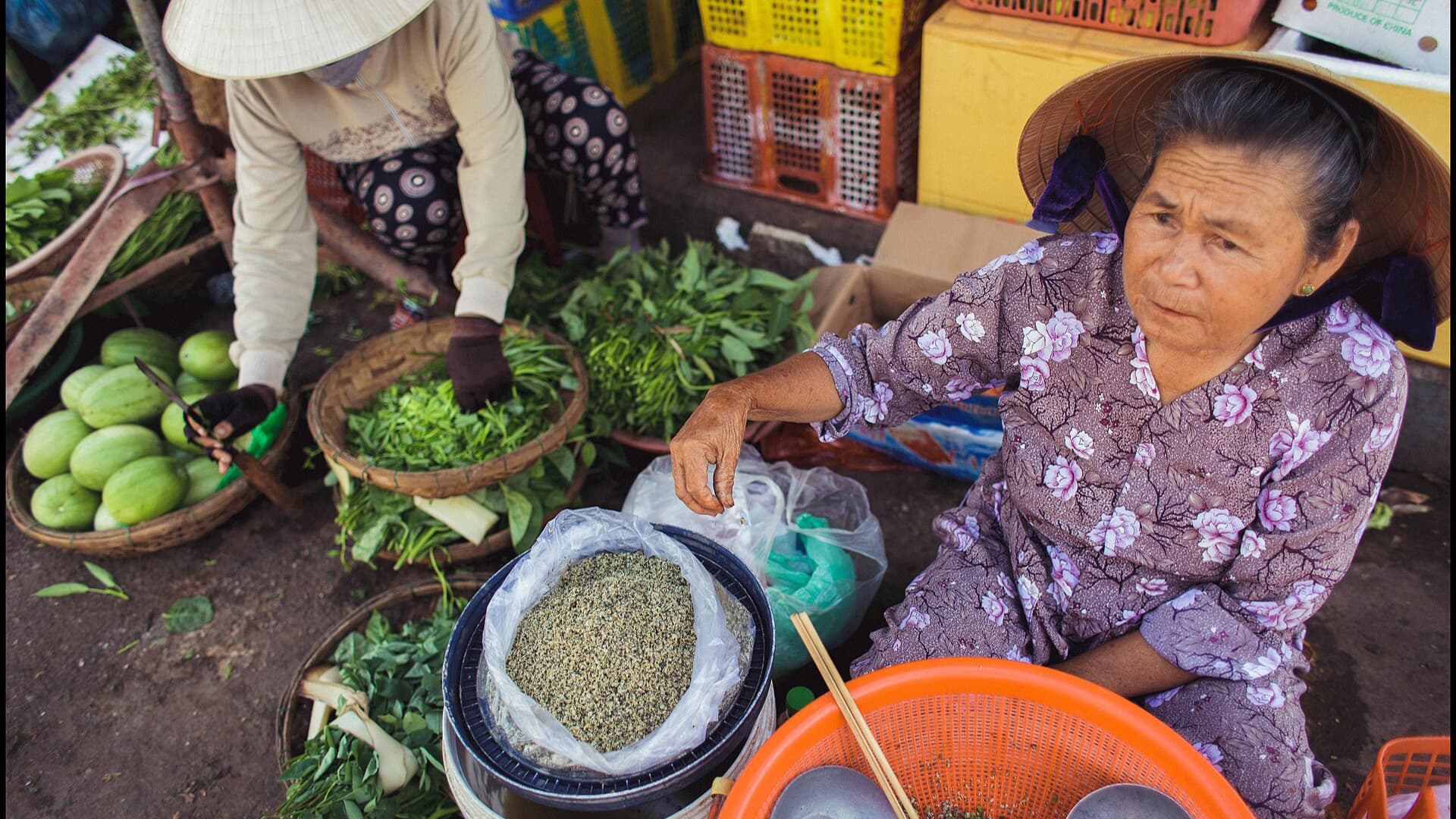 Two vendors in conical hats at Hoi An Central Market sitting among woven baskets of leafy herbs, greens and pale gourds, with stacked plastic crates behind them