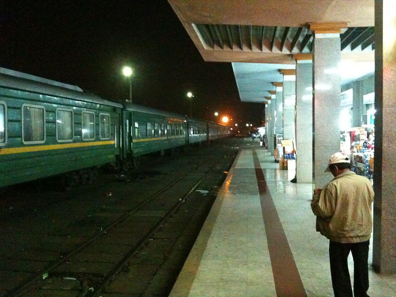 Da Nang station platform in early morning — a typical Vietnam Railways scene