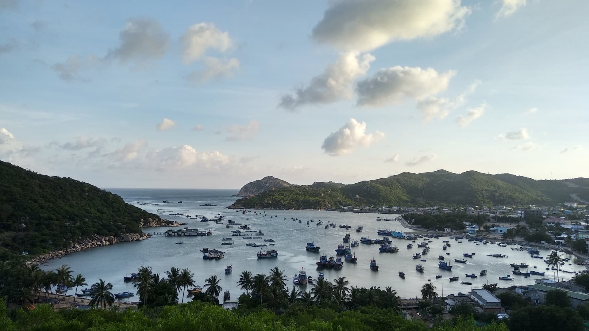 Fishing boats fill sheltered Vinh Hy Bay, on the coast between Nha Trang and Mui Ne, ringed by green hills and palm trees under a partly cloudy sky.