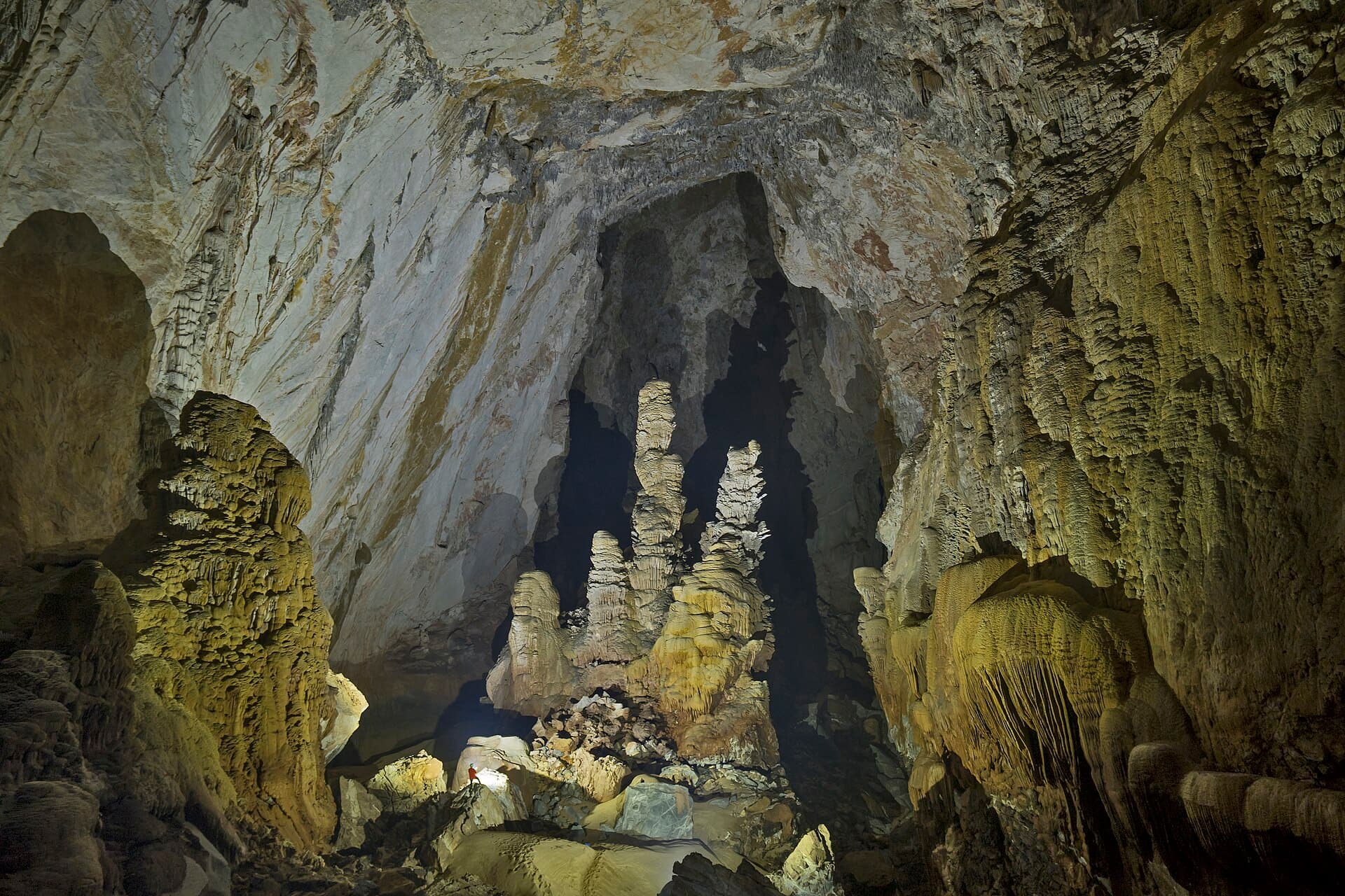 Sunlight breaking into a vast cave chamber in Phong Nha-Ke Bang National Park, central Vietnam